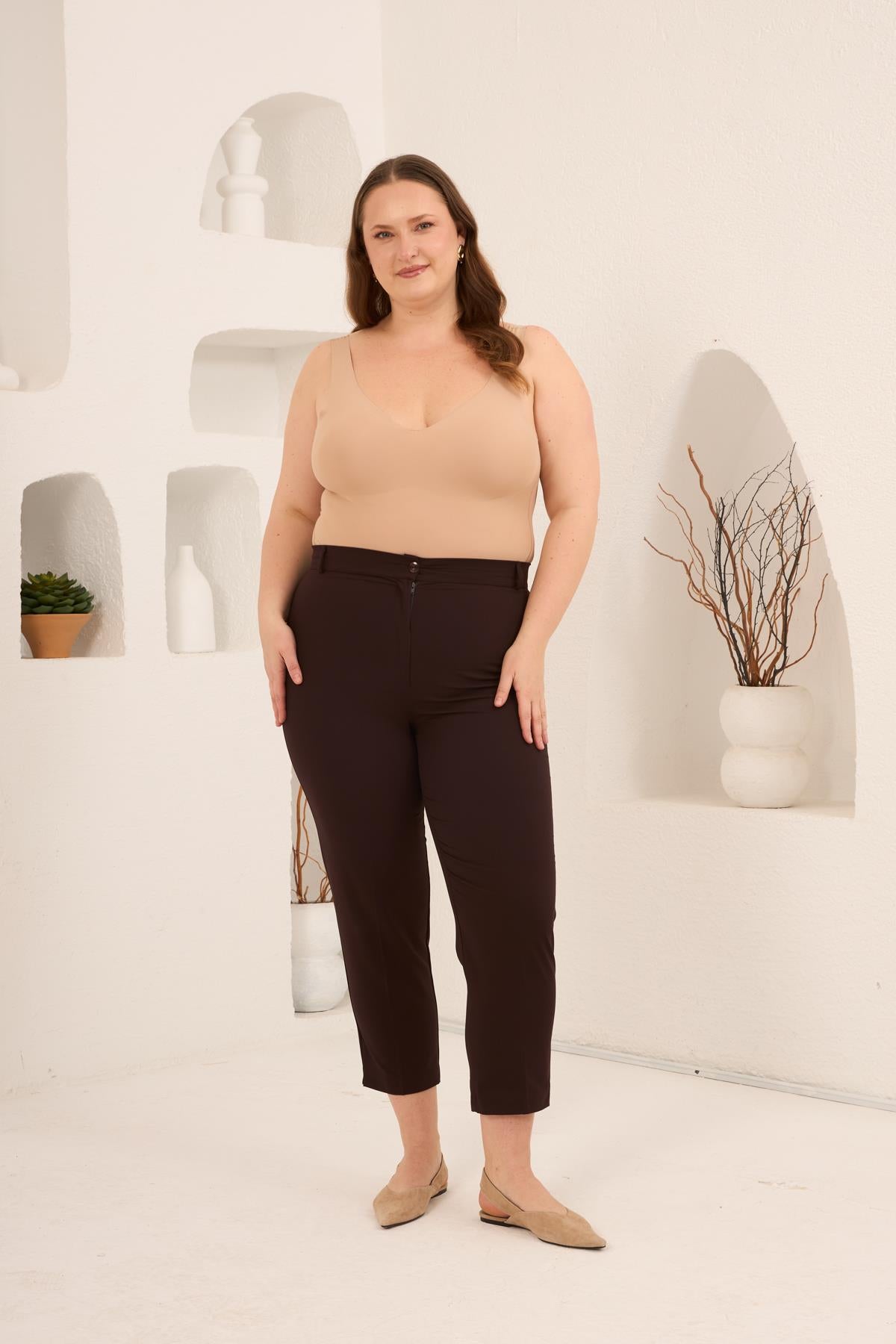 Paça Yırtmaçlı Büyük Beden Gabardin Pantolon Kahve