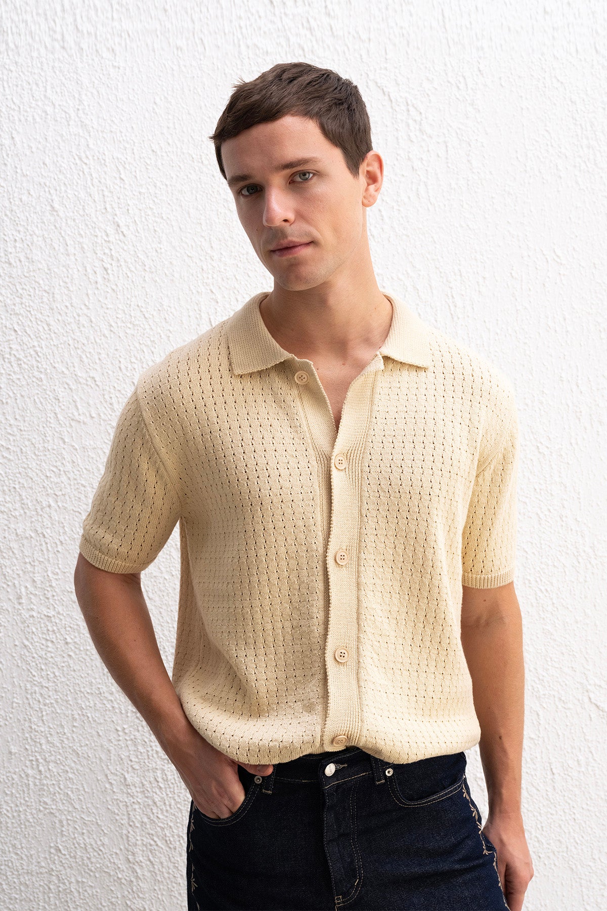 PALMİYE DESENLİ TRİKO BEJ GÖMLEK