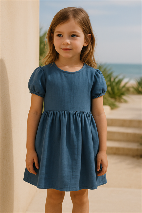Pamuk Keten Basic Elbise Lacivert 12 Yaş