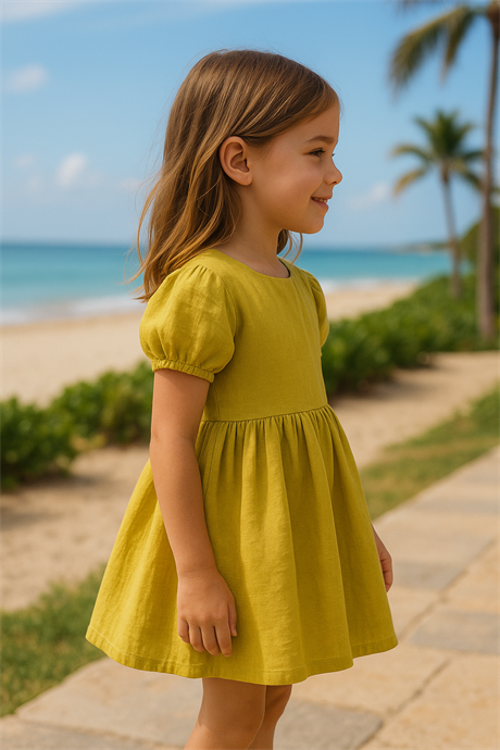 Pamuk Keten Basic Elbise Fıstık Yeşili 8 Yaş