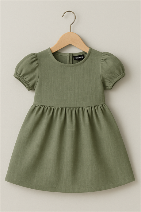 Pamuk Keten Basic Elbise Yeşil 4 Yaş