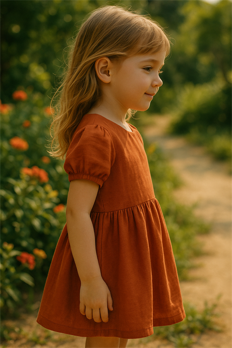 Pamuk Keten Basic Elbise Kiremit 8 Yaş