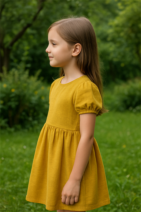Pamuk Keten Basic Elbise Hardal 12 Yaş