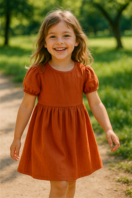 Pamuk Keten Basic Elbise Kiremit 6 Yaş