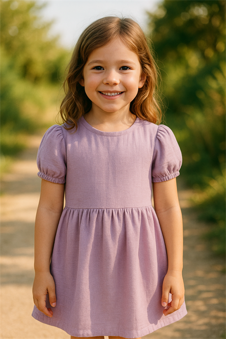 Pamuk Keten Basic Elbise Lila 12 Yaş