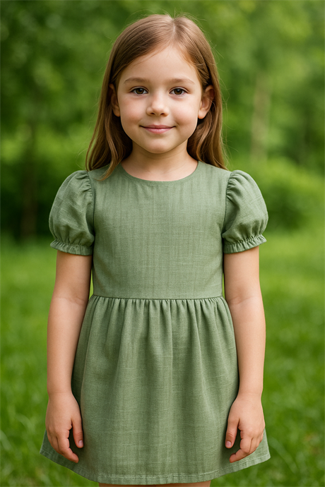 Pamuk Keten Basic Elbise Yeşil 4 Yaş