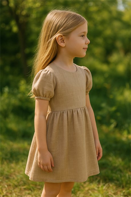 Pamuk Keten Basic Elbise Bej 8 Yaş