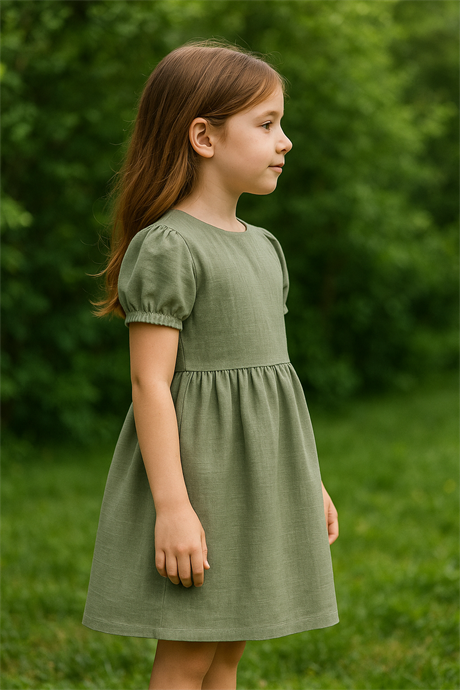 Pamuk Keten Basic Elbise Yeşil 10 Yaş