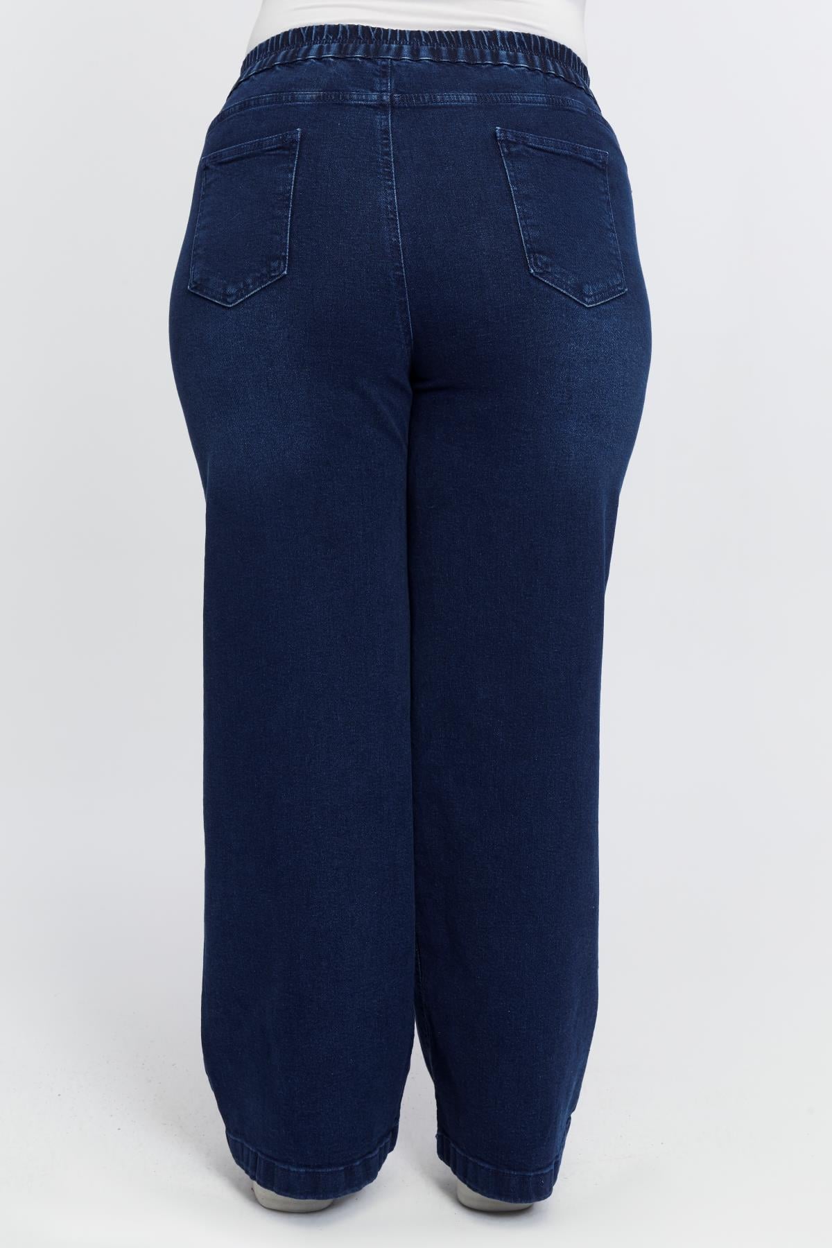 Beli Lastikli Bol Paça Büyük Beden Kot Pantolon Lacivert