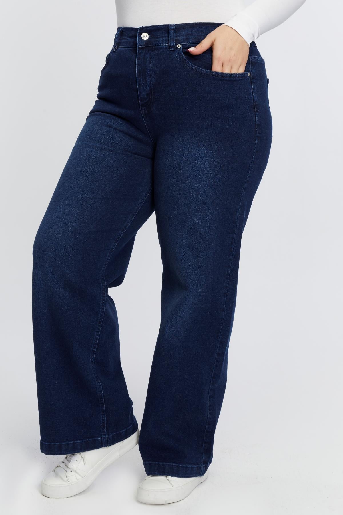 Beli Lastikli Bol Paça Büyük Beden Kot Pantolon Lacivert