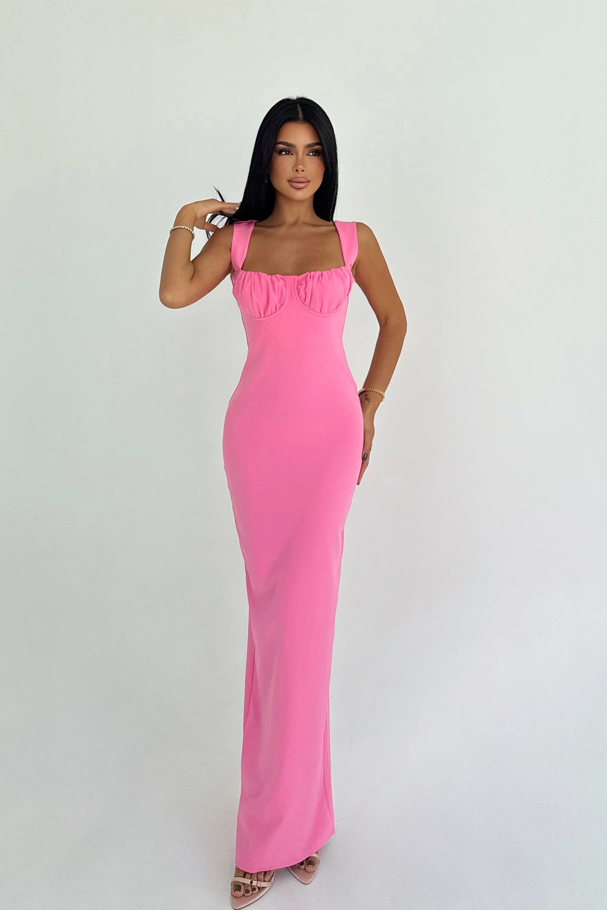 Pembe Shawly Uzun Elbise ATE-3475