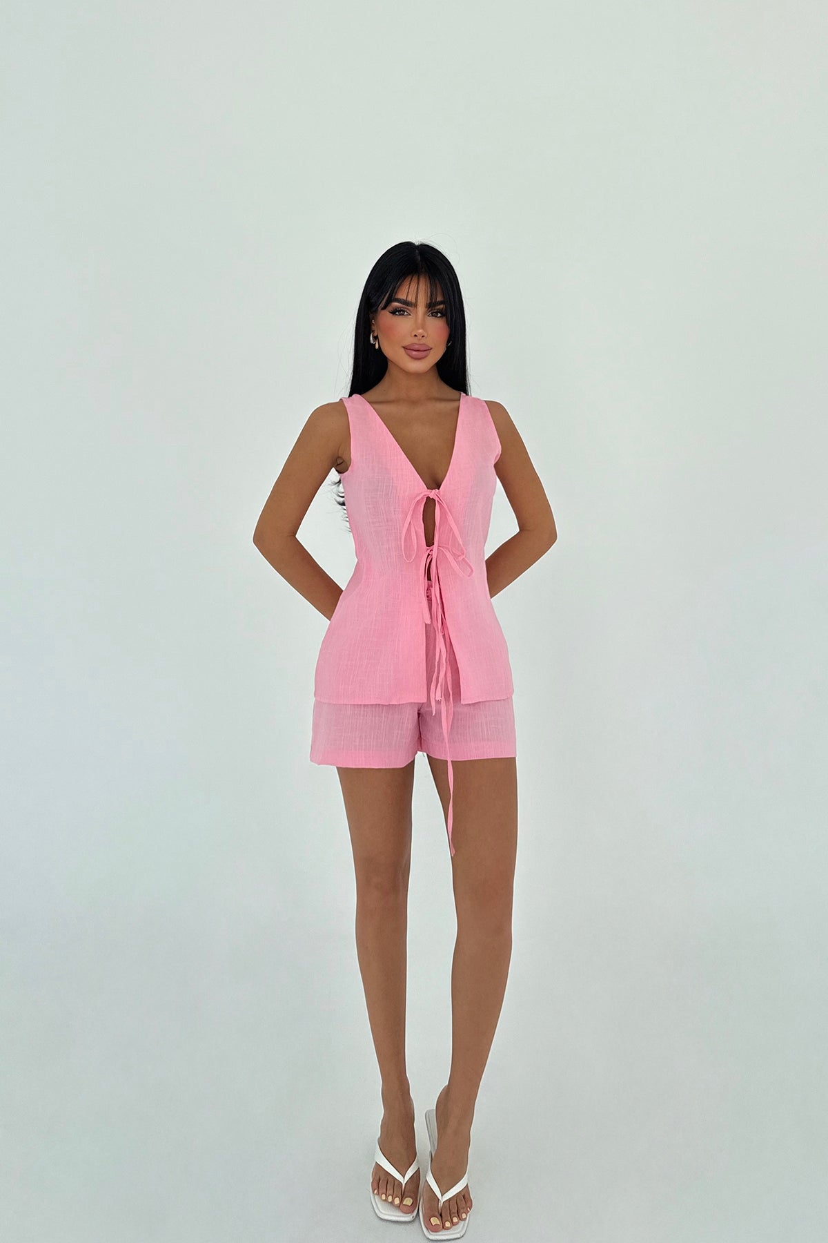 Pembe Luiza Mini Keten Bağlamalı Takım ATE-2965