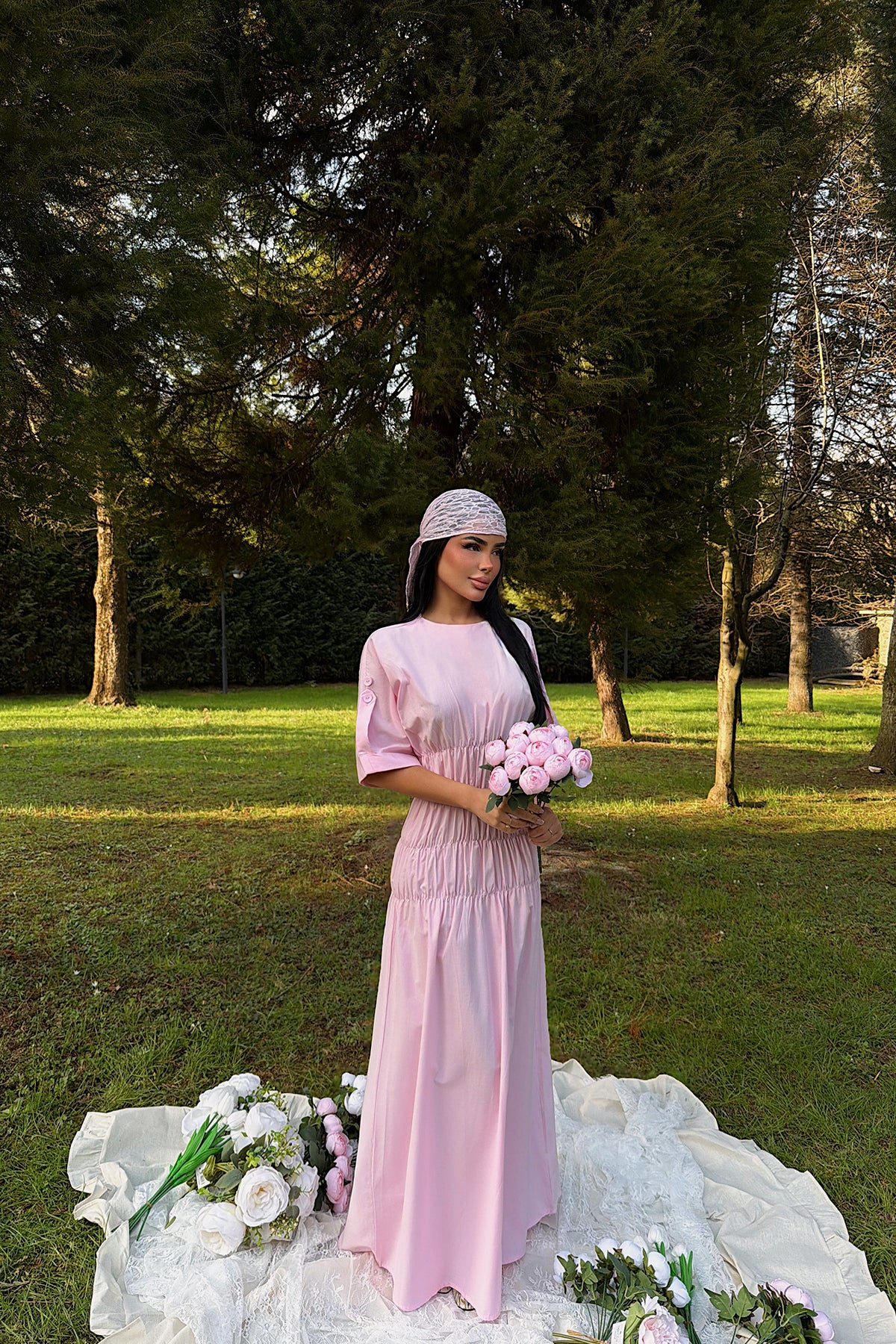 Pembe Volant Uzun Elbise ATE-3422