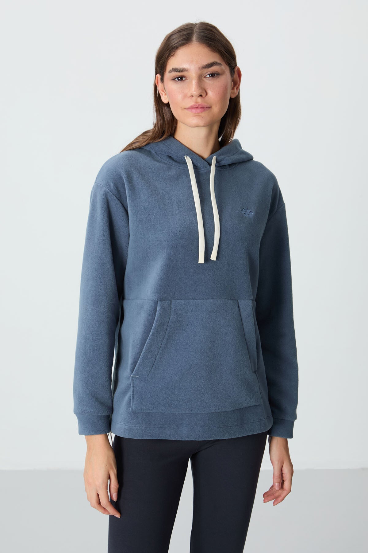 Petrol Kalın Yumuşak Dokulu Kapüşonlu Oversize Nakışlı Polar Kadın Sweatshirt - 97292