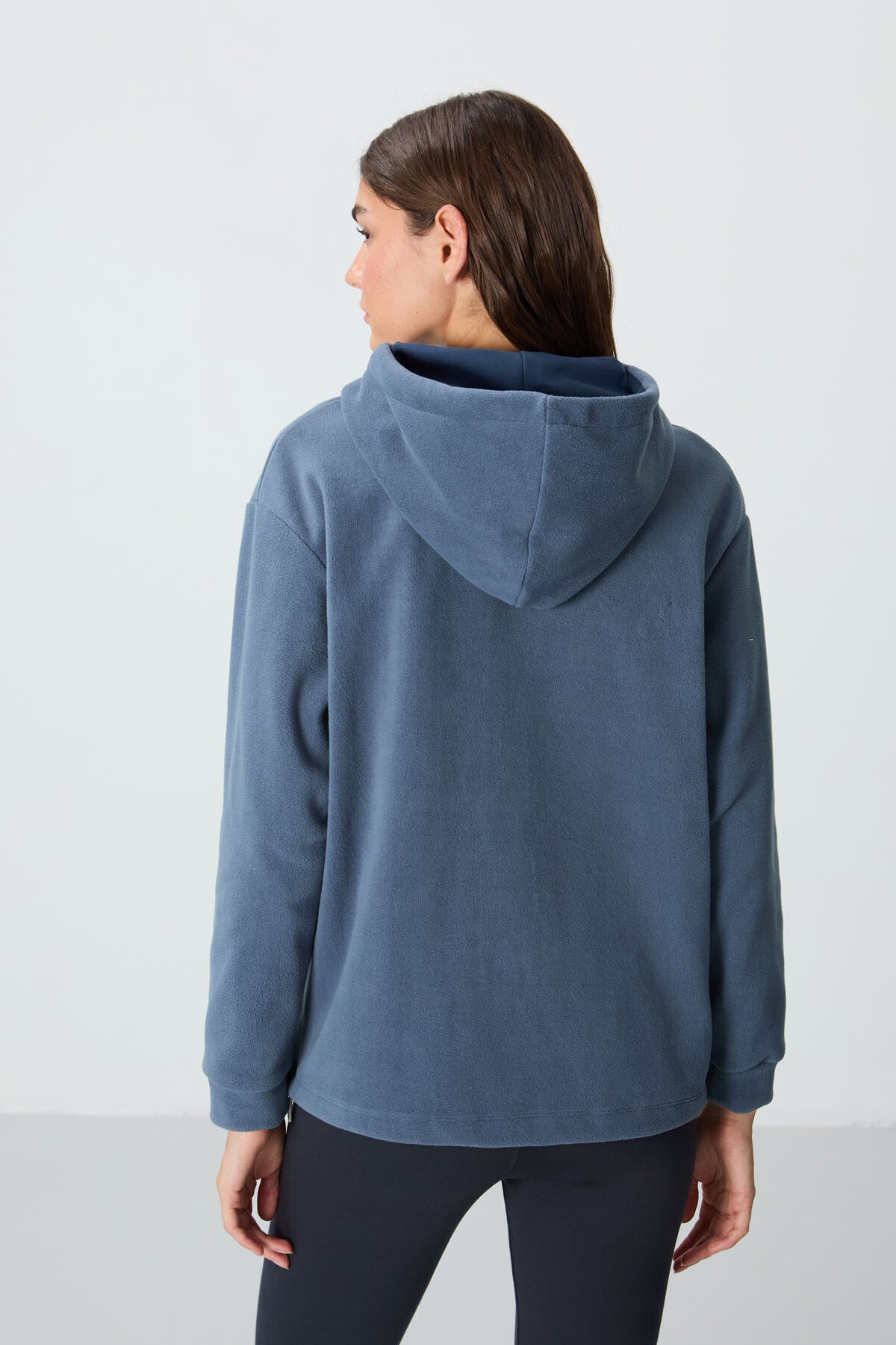 Petrol Kalın Yumuşak Dokulu Kapüşonlu Oversize Nakışlı Polar Kadın Sweatshirt - 97292