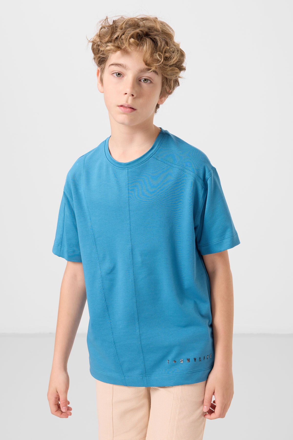 Petrol Mavi Pamuklu Yumuşak Dokulu Oversize Basic Erkek Çocuk T-Shirt - 11297