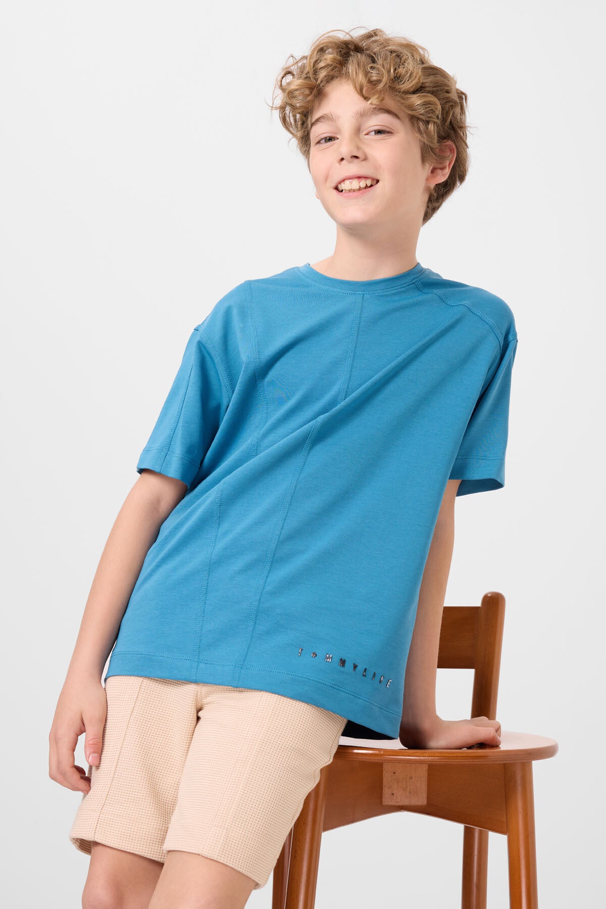 Petrol Mavi Pamuklu Yumuşak Dokulu Oversize Basic Erkek Çocuk T-Shirt - 11297