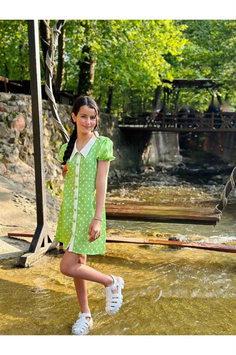 Puantiye Desen Retro Elbise Yeşil 10 Yaş
