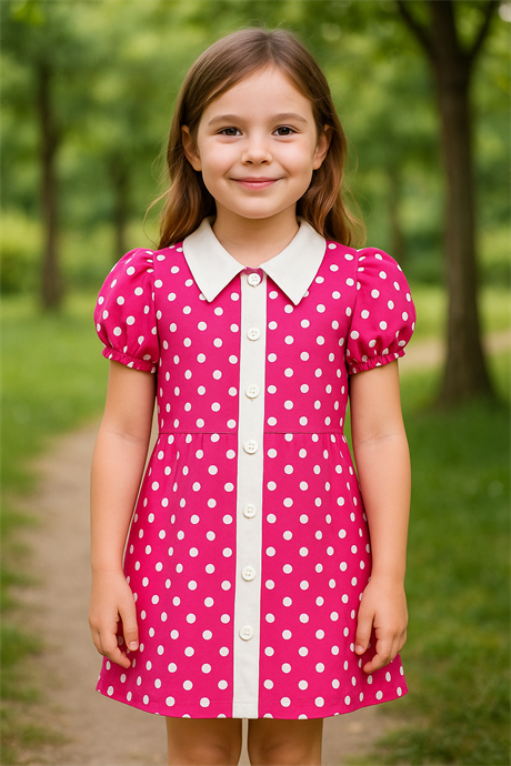 Puantiye Desen Retro Elbise Pembe 12 Yaş