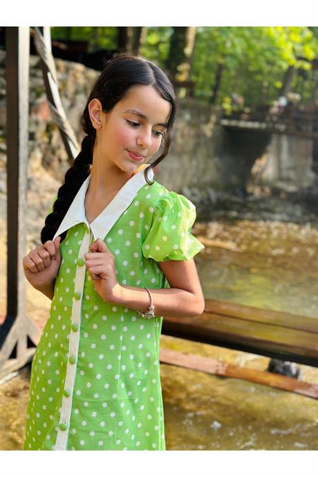 Puantiye Desen Retro Elbise Yeşil 8 Yaş