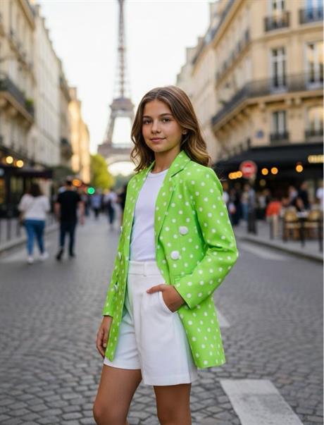 Puantiyeli Blazer Ceket ve Beyaz Şort Takım