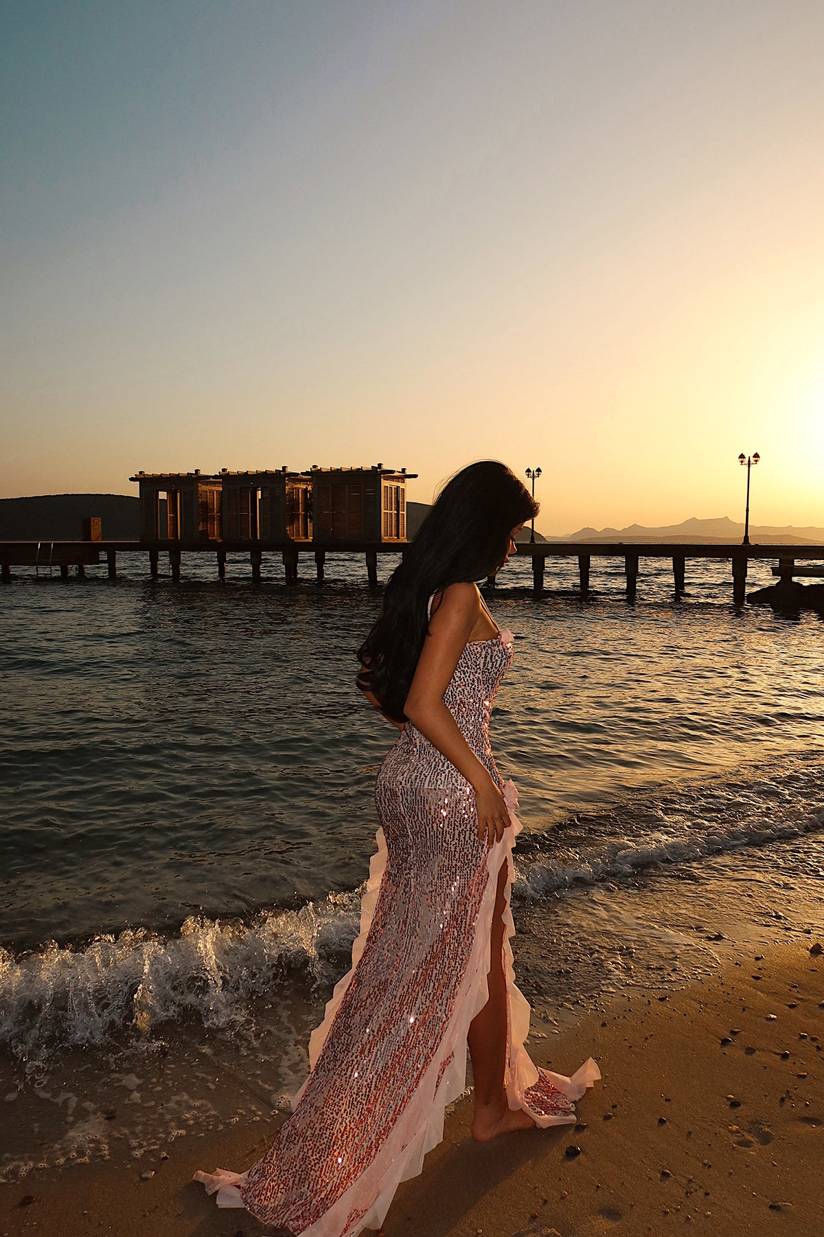 Pudra Paxton Payetli Uzun Yırtmaçlı Elbise ATE-2614