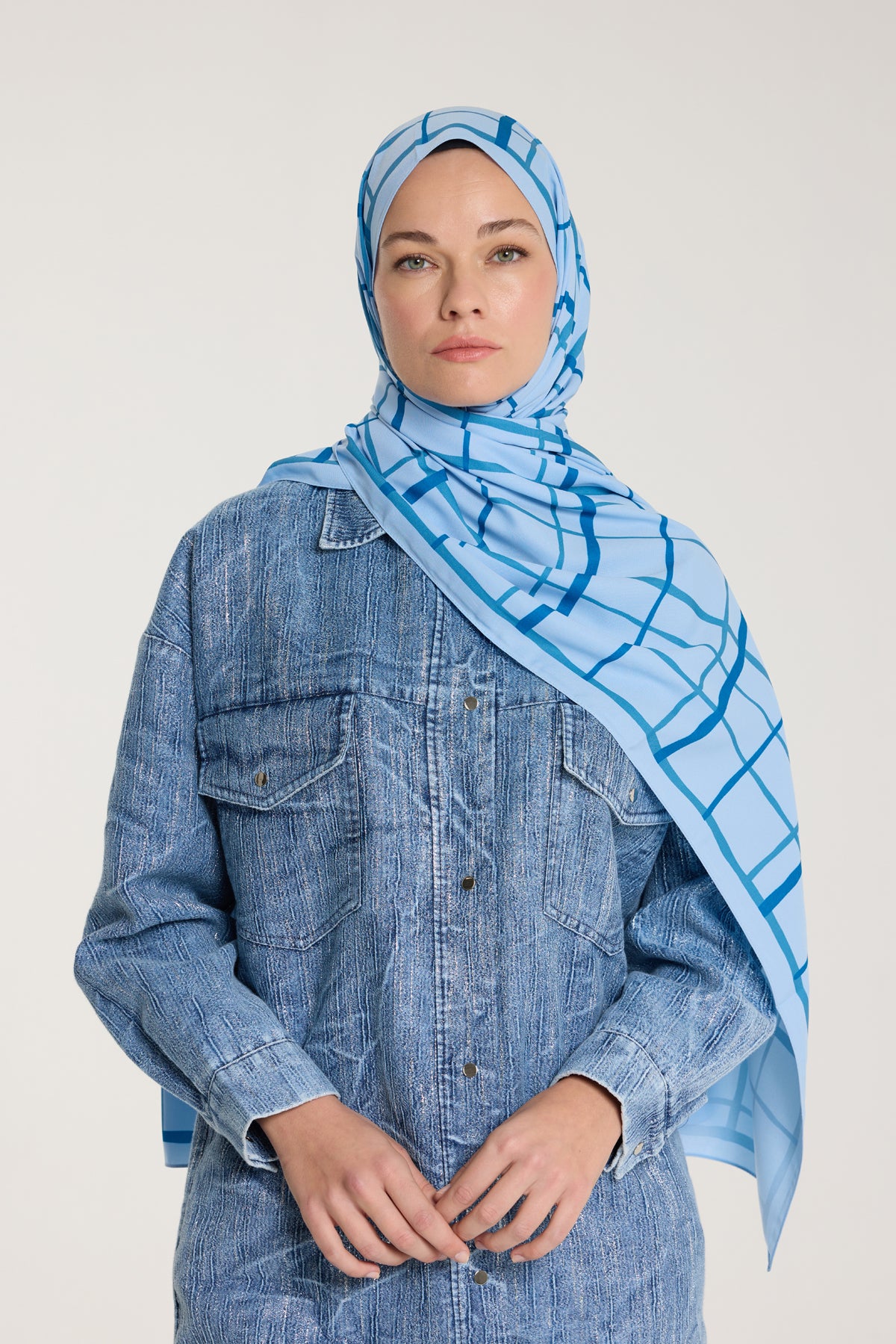 Pure Tone Şal - Kare Desen - Bebe Mavisi - Mavi