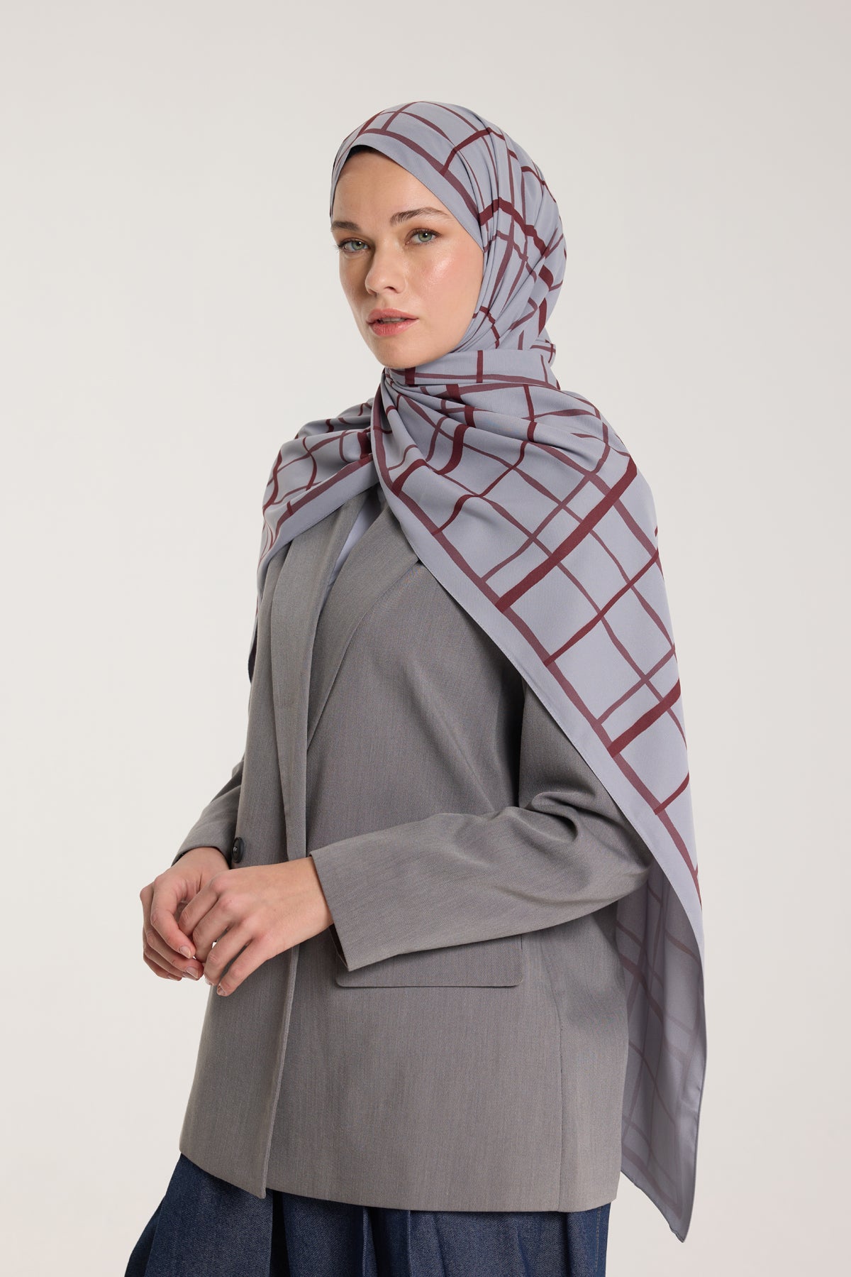 Pure Tone Şal - Kare Desen - Gümüş - Bordo