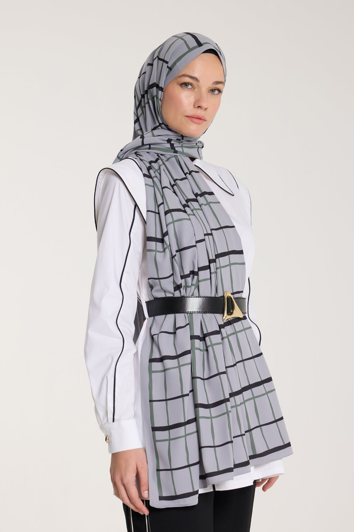 Pure Tone Şal - Kare Desen - Gümüş - Yeşil Laci