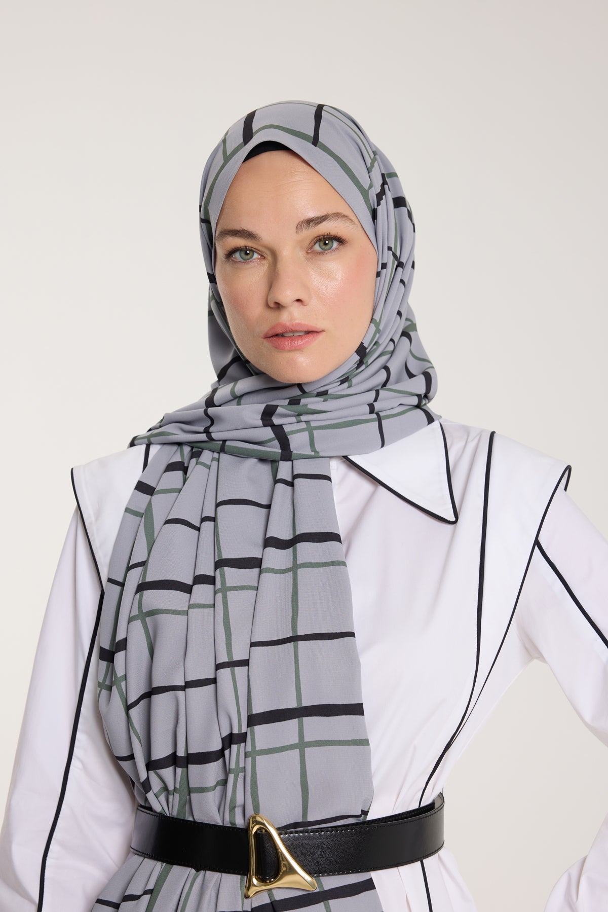 Pure Tone Şal - Kare Desen - Gümüş - Yeşil Laci