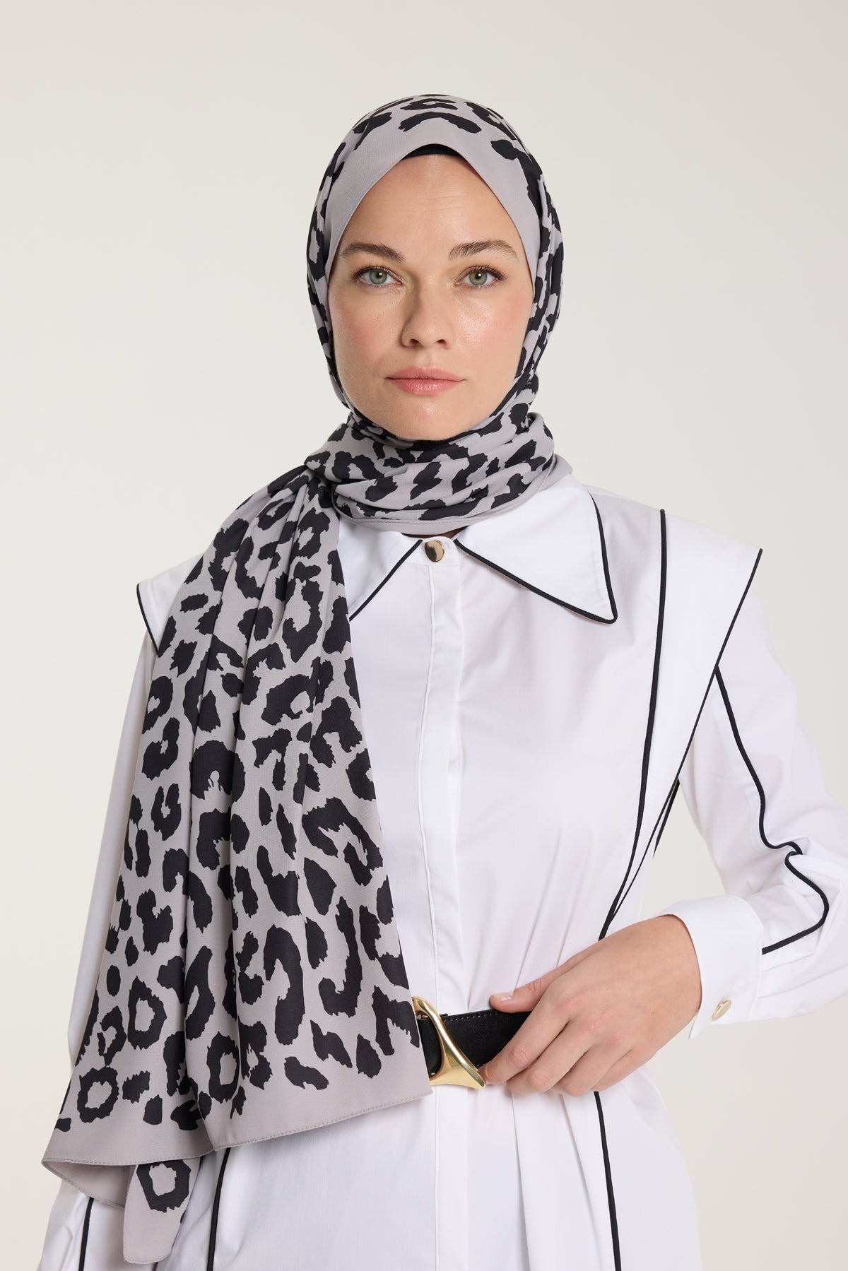 Pure Tone Şal - Leopar Desen - Soft Gri - Siyah