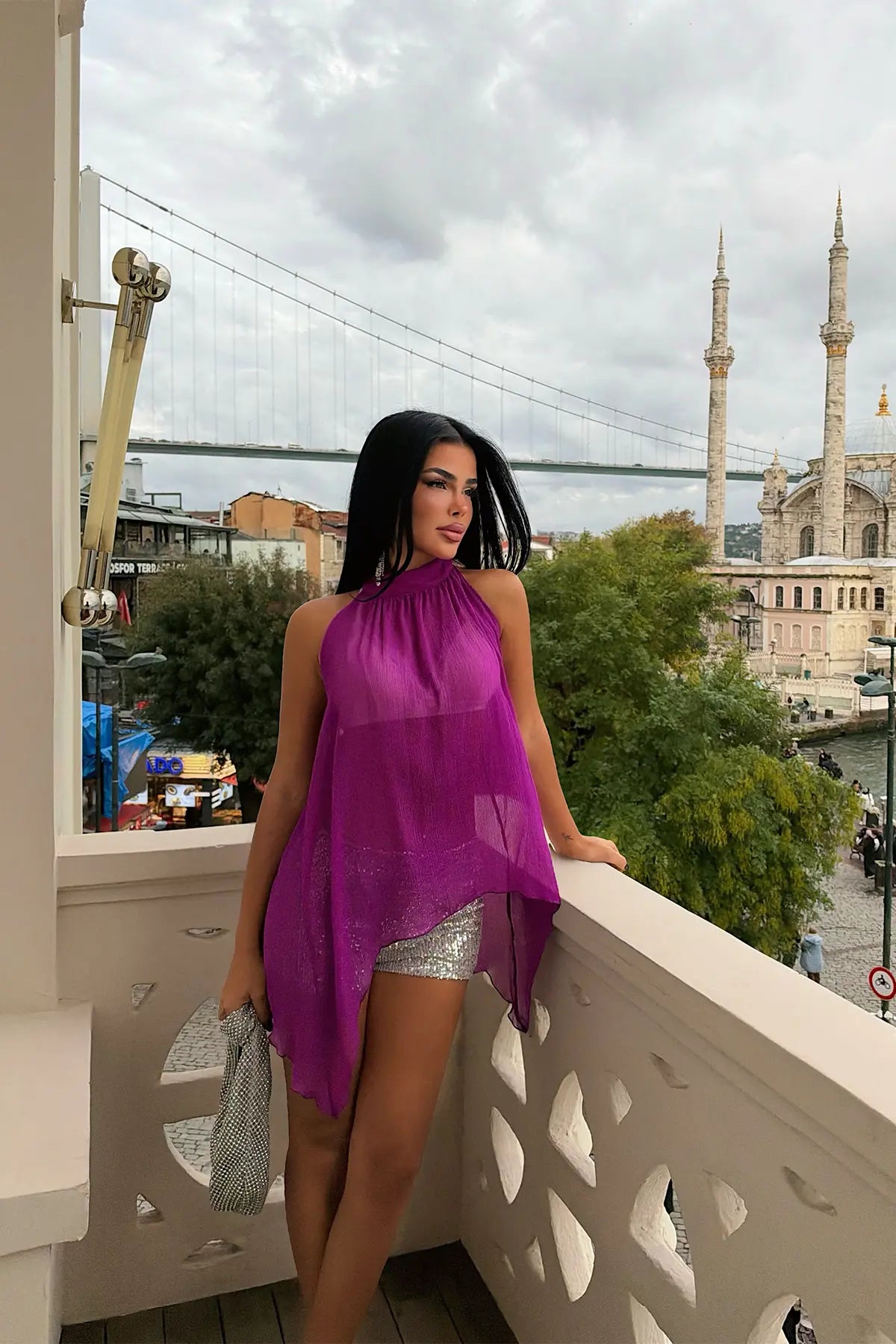 Mor Tül Detay Crop Top