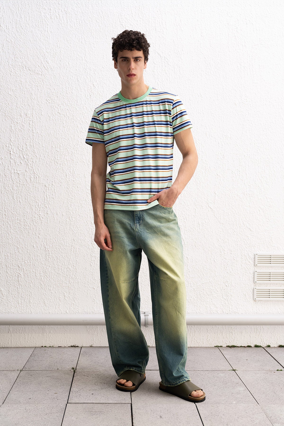 RAHAT KESİM ÇİZGİLİ MİNT T-SHIRT - MİNT S