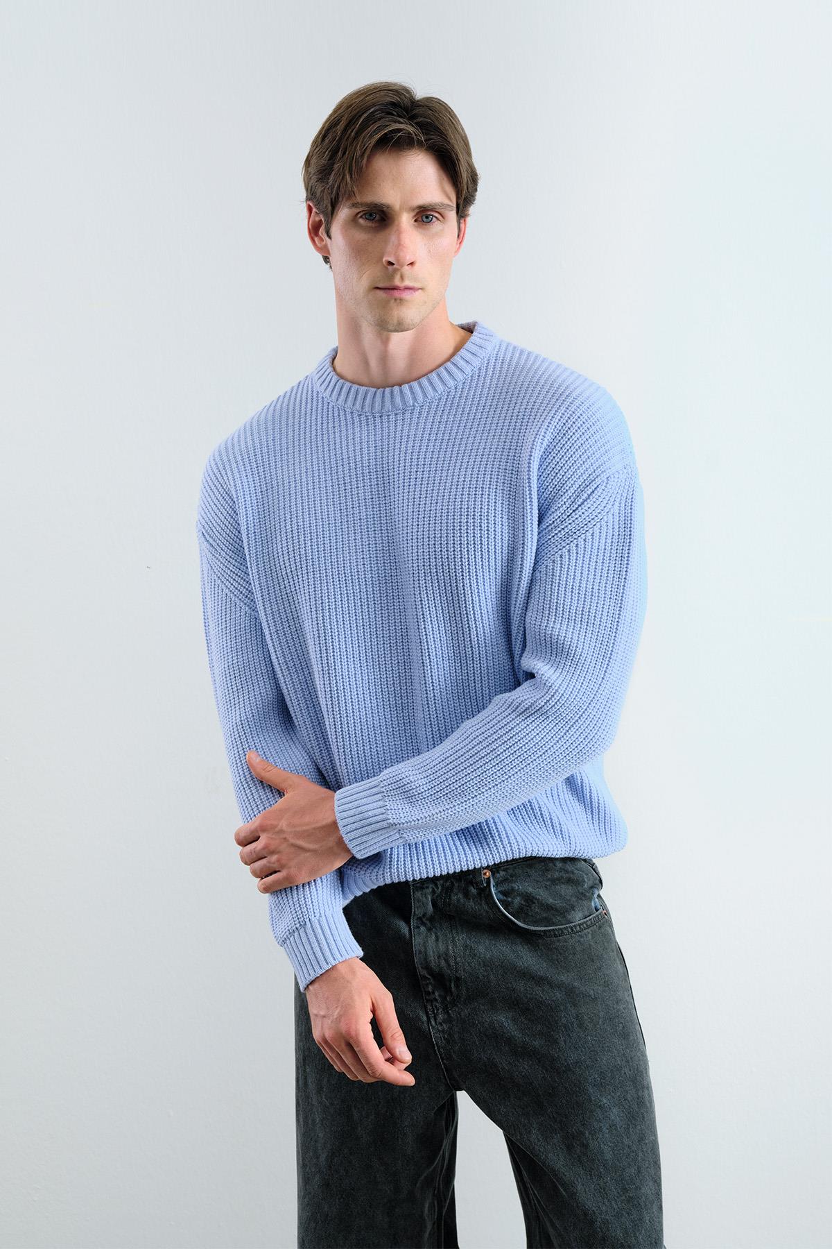 OVERSIZE DÖKÜMLÜ FİTİLLİ MAVİ TRİKO KAZAK