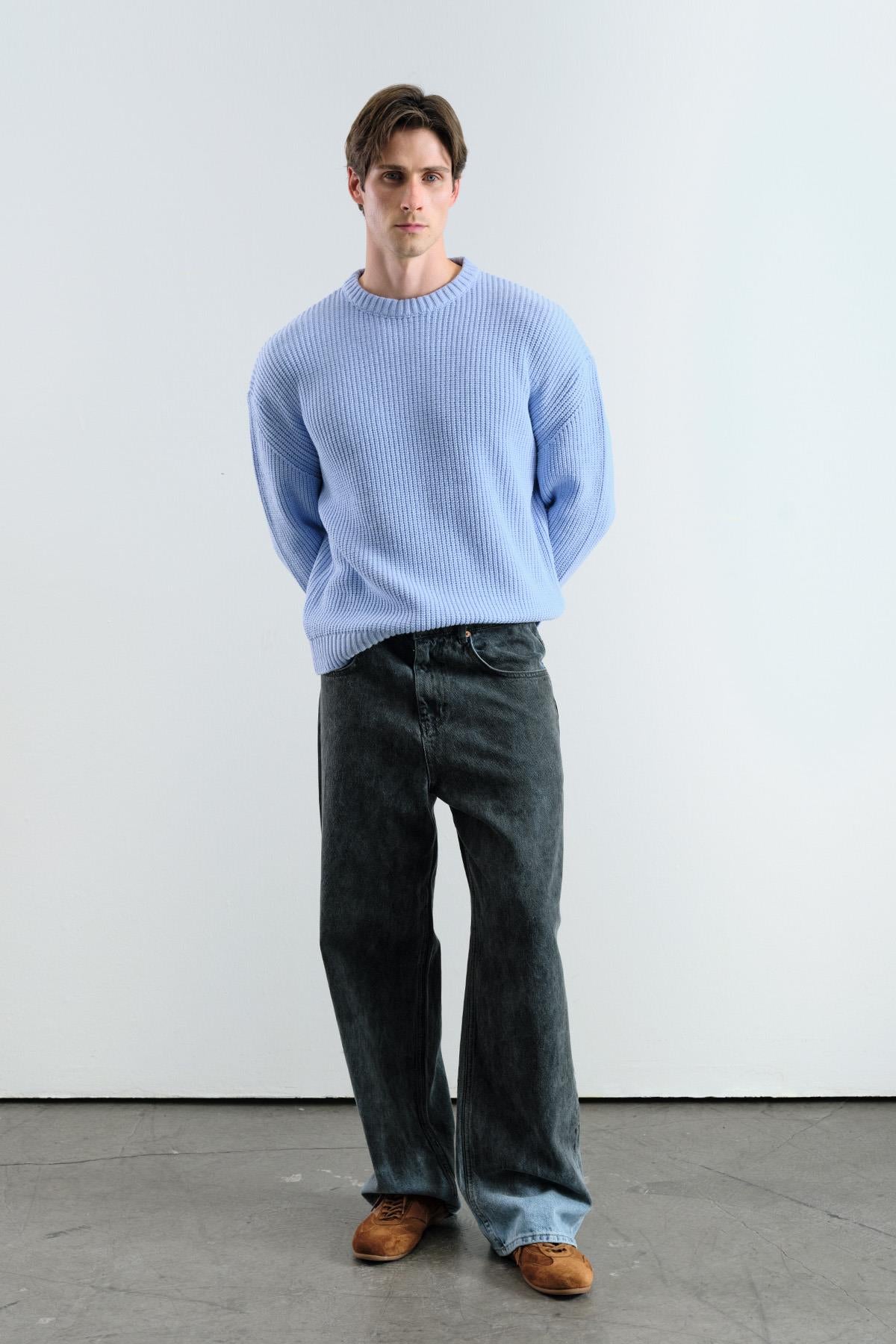 OVERSIZE DÖKÜMLÜ FİTİLLİ MAVİ TRİKO KAZAK