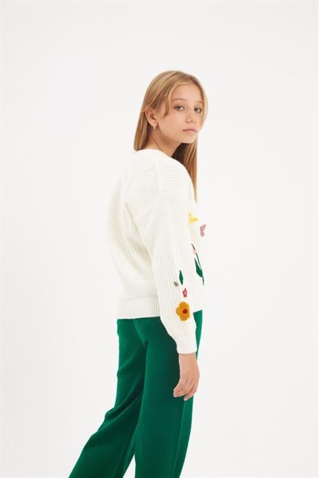 Renkli Düğmeli Floral Desenli Beyaz Triko Hırka Renkli Pantolon 2'li Takım Yeşil 6 Yaş