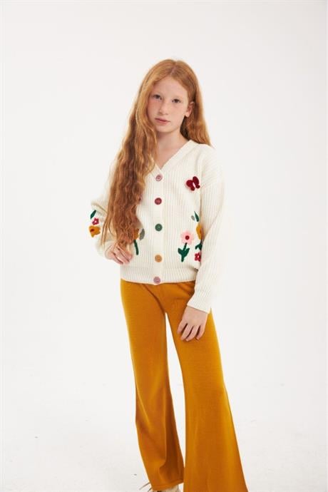 Renkli Düğmeli Floral Desenli Beyaz Triko Hırka Renkli Pantolon 2'li Takım Hardal 12 Yaş