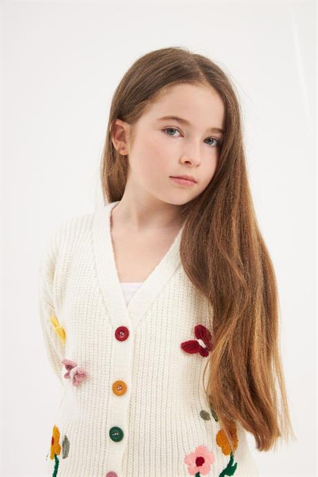 Renkli Düğmeli Floral Desenli Beyaz Triko Hırka Renkli Pantolon 2'li Takım Kırmızı 8 Yaş