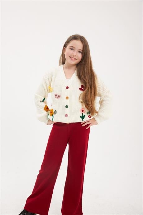 Renkli Düğmeli Floral Desenli Beyaz Triko Hırka Renkli Pantolon 2'li Takım Kırmızı 8 Yaş