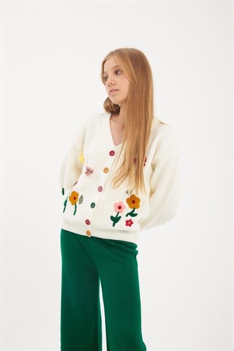 Renkli Düğmeli Floral Desenli Beyaz Triko Hırka Renkli Pantolon 2'li Takım Yeşil 6 Yaş