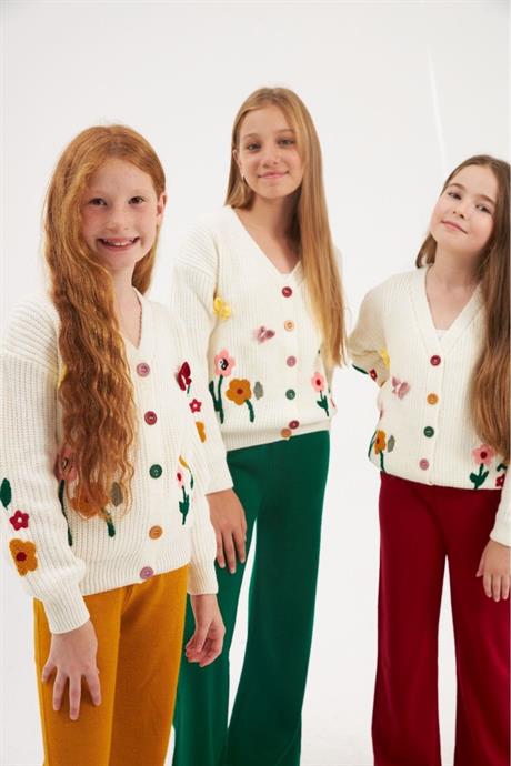 Renkli Düğmeli Floral Desenli Beyaz Triko Hırka Renkli Pantolon 2'li Takım Hardal 4 Yaş
