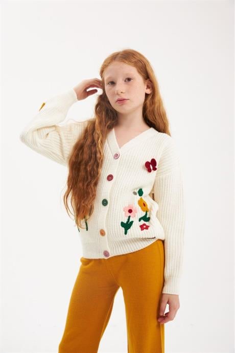 Renkli Düğmeli Floral Desenli Beyaz Triko Hırka Renkli Pantolon 2'li Takım Hardal 12 Yaş