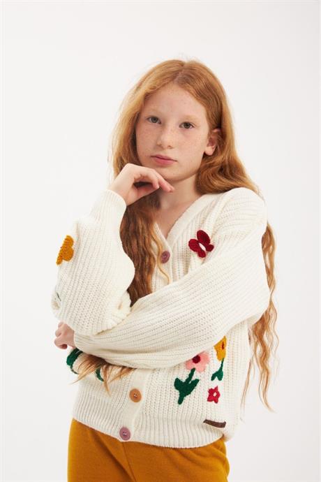 Renkli Düğmeli Floral Desenli Beyaz Triko Hırka Renkli Pantolon 2'li Takım Hardal 12 Yaş