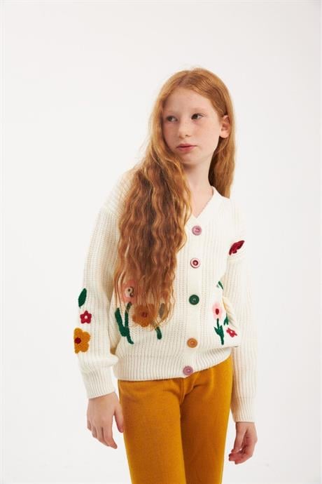 Renkli Düğmeli Floral Desenli Beyaz Triko Hırka Renkli Pantolon 2'li Takım Hardal 12 Yaş