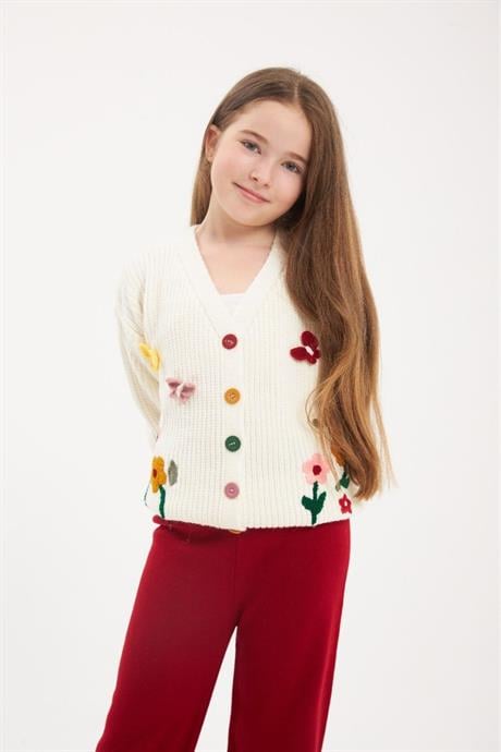 Renkli Düğmeli Floral Desenli Beyaz Triko Hırka Renkli Pantolon 2'li Takım Kırmızı 12 Yaş