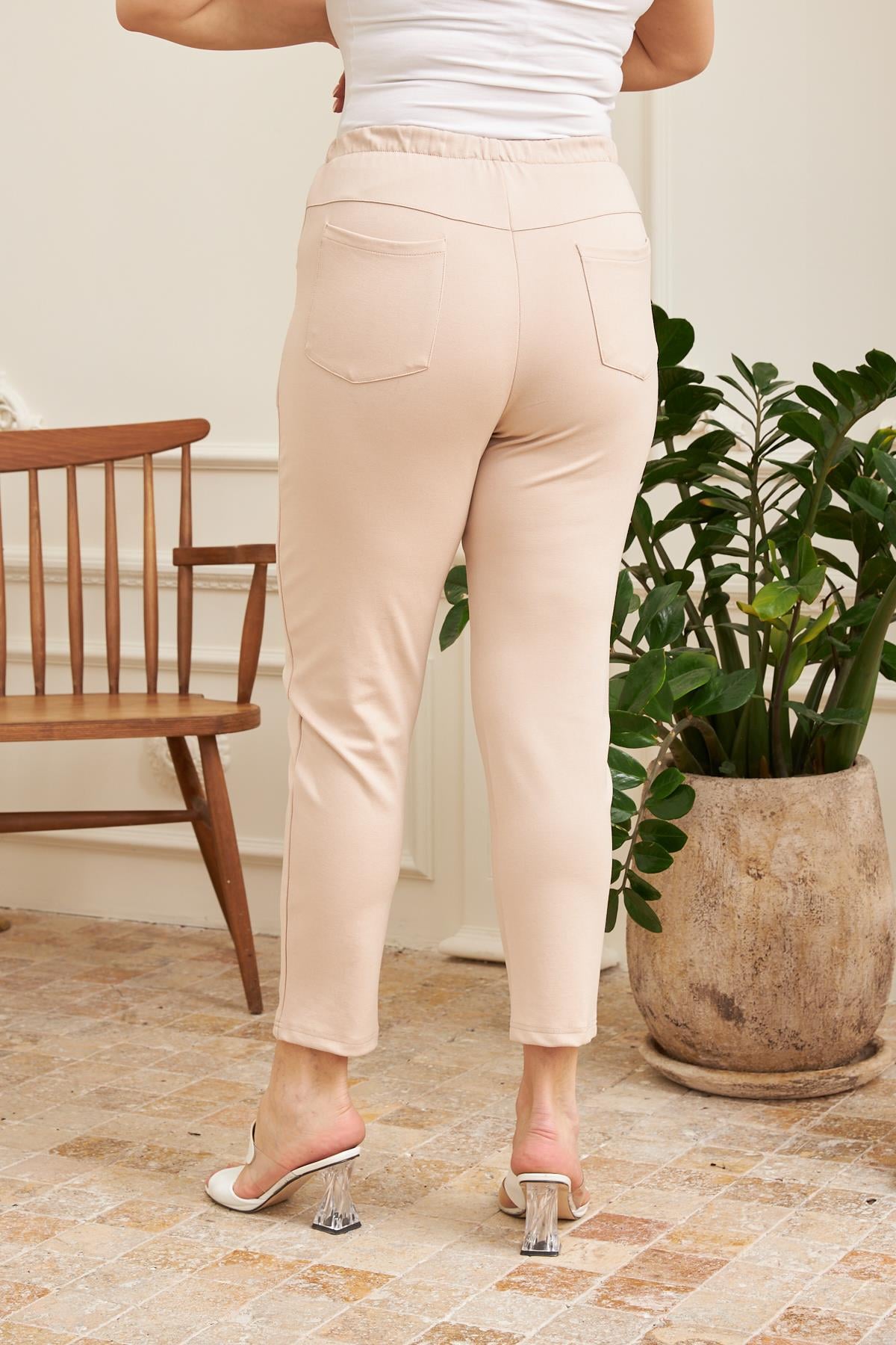 Beli Lastikli Fitilli Büyük Beden Bej Çelik Örme Pantolon