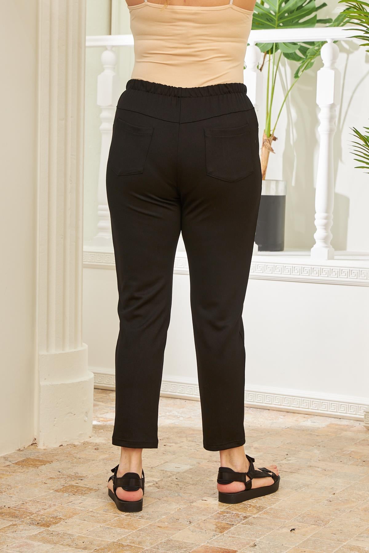 Beli Lastikli Fitilli Büyük Beden Siyah Çelik Örme Pantolon
