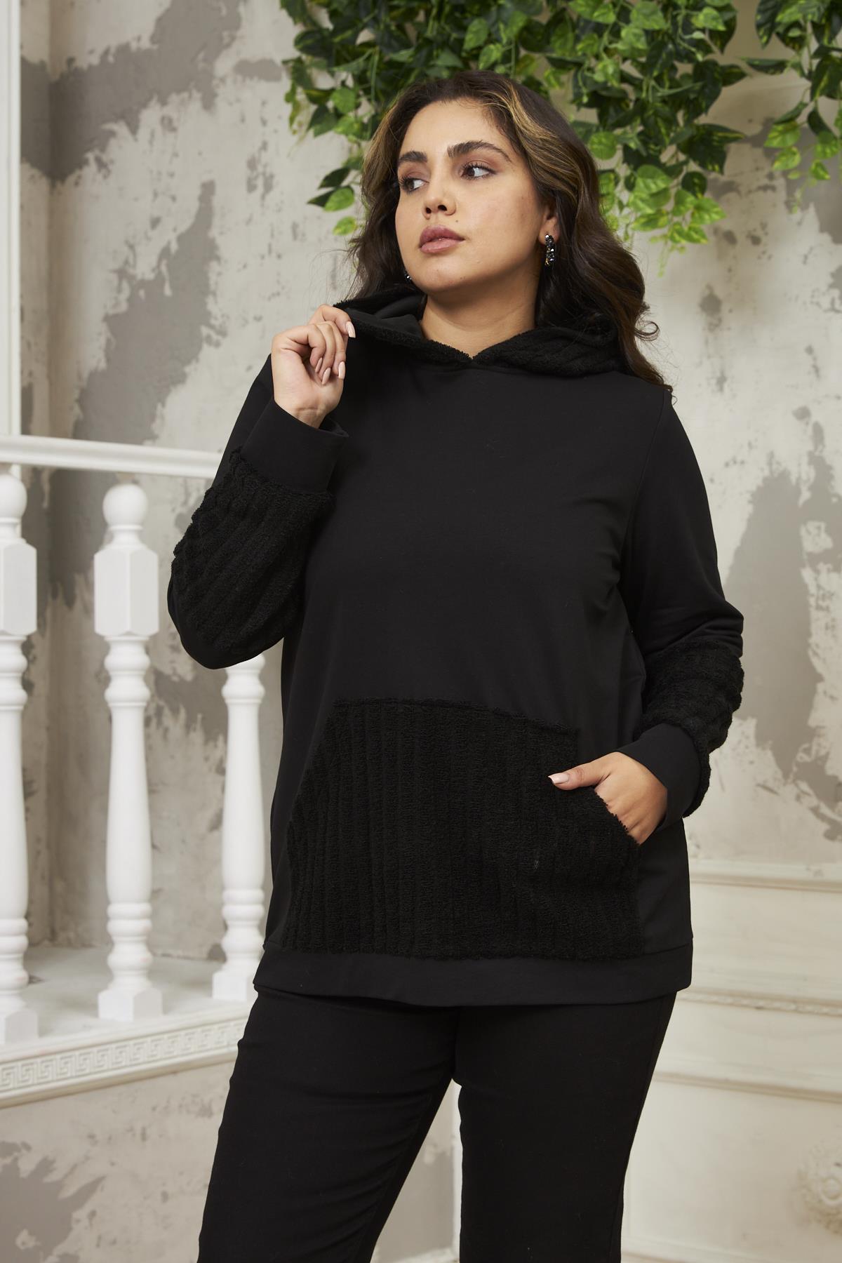 Kol Detaylı Büyük Beden Siyah Sweatshirt