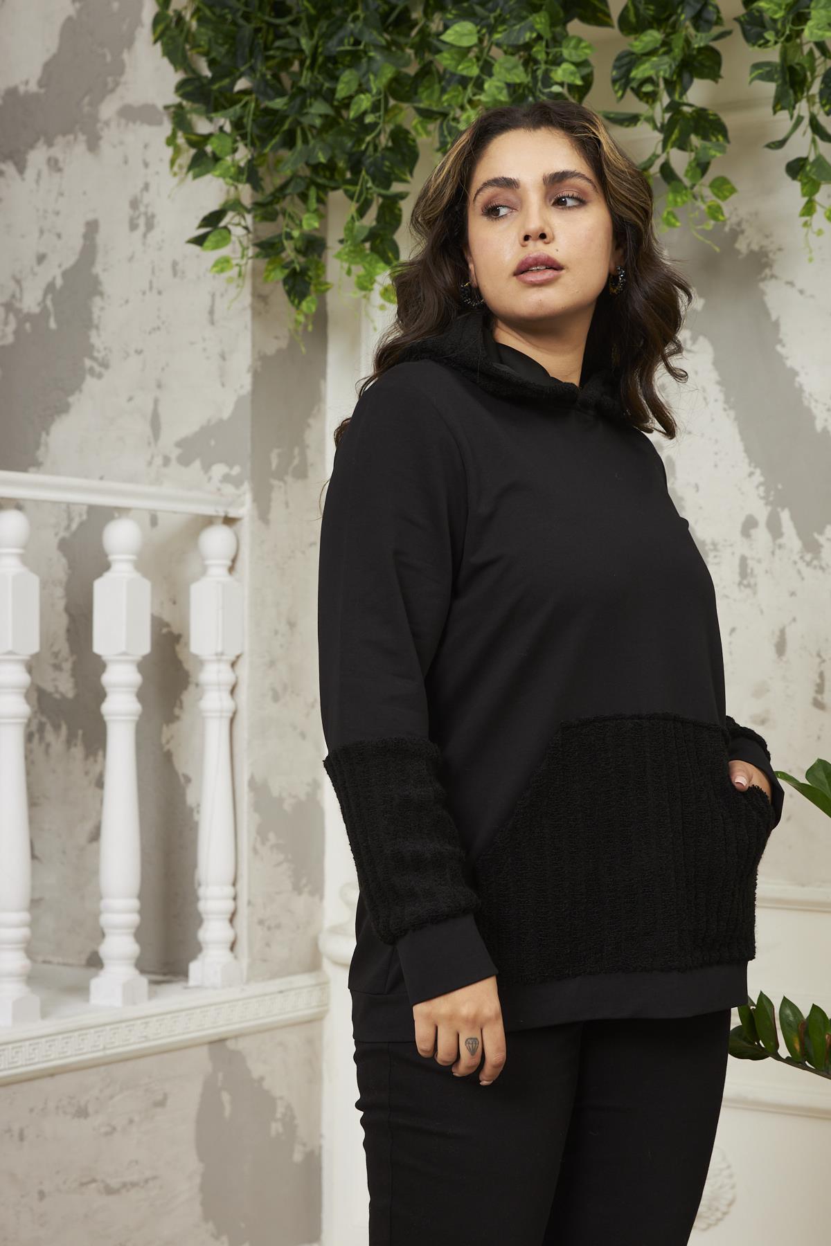 Kol Detaylı Büyük Beden Siyah Sweatshirt