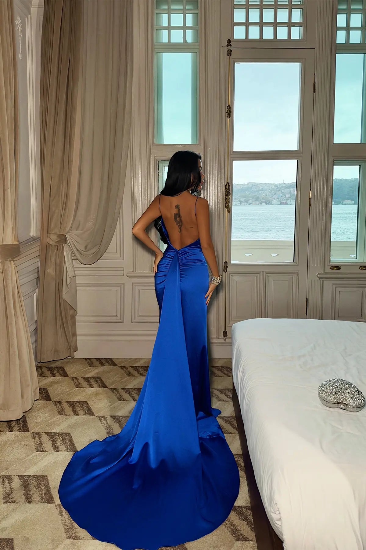 Saks İp Askılı Uzun Elbise